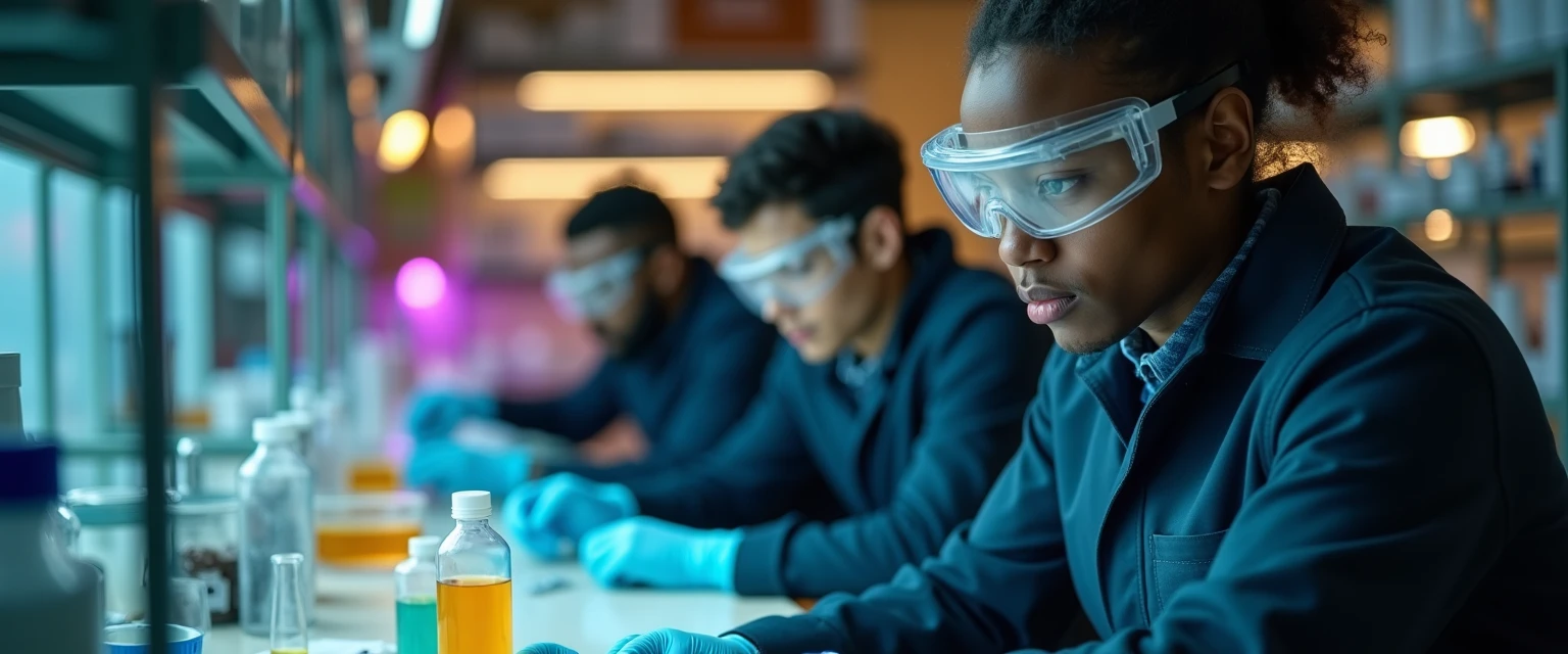 A working lab in motion: gloved hands at the bench, samples lined up, an instrument in use