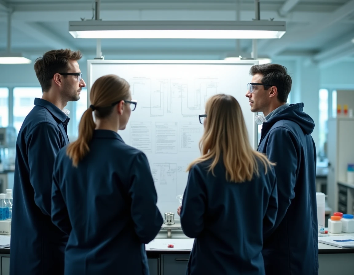 Group of lab staff at a planning whiteboard, dark casual clothing, no lab coats