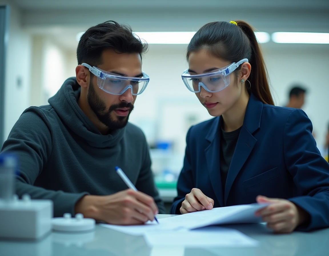 Two diverse scientists in safety goggles working through a method together at a clean bench