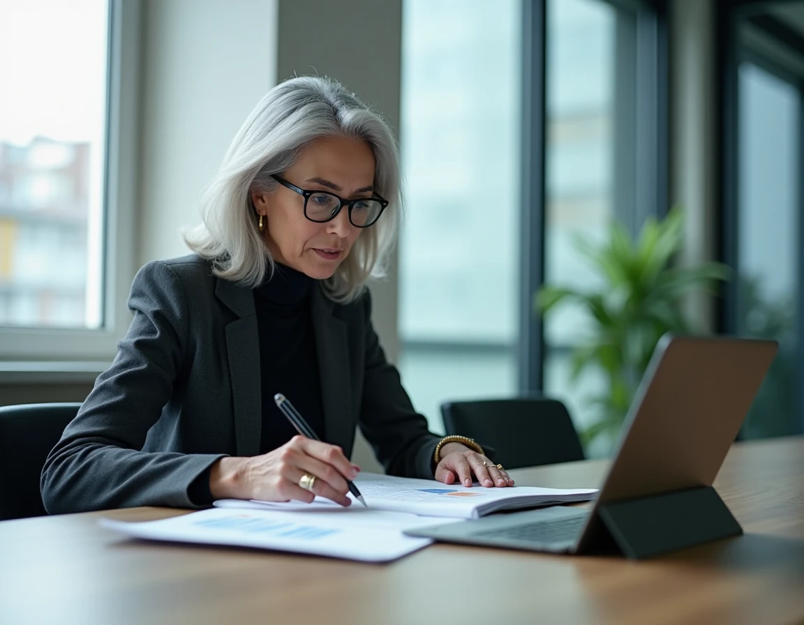 Two auditors in a quiet review room going through a compliance binder with a tablet showing audit dashboards