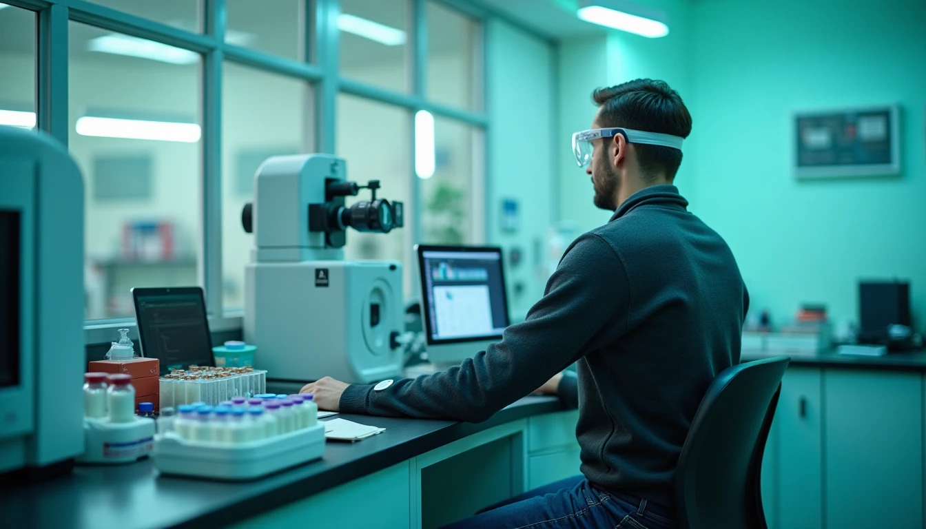 Single scientist working at a precision instrument in a calm laboratory