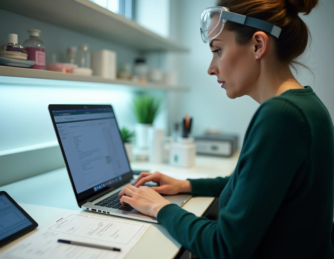 Mentor authoring a new standard operating procedure on a laptop, draft outline visible on a tablet beside her