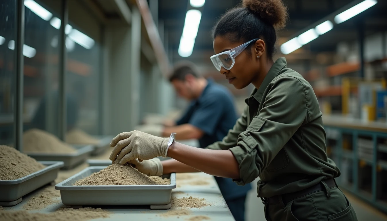 Materials testing laboratory, technician in safety goggles weighing aggregate samples on a busy bench