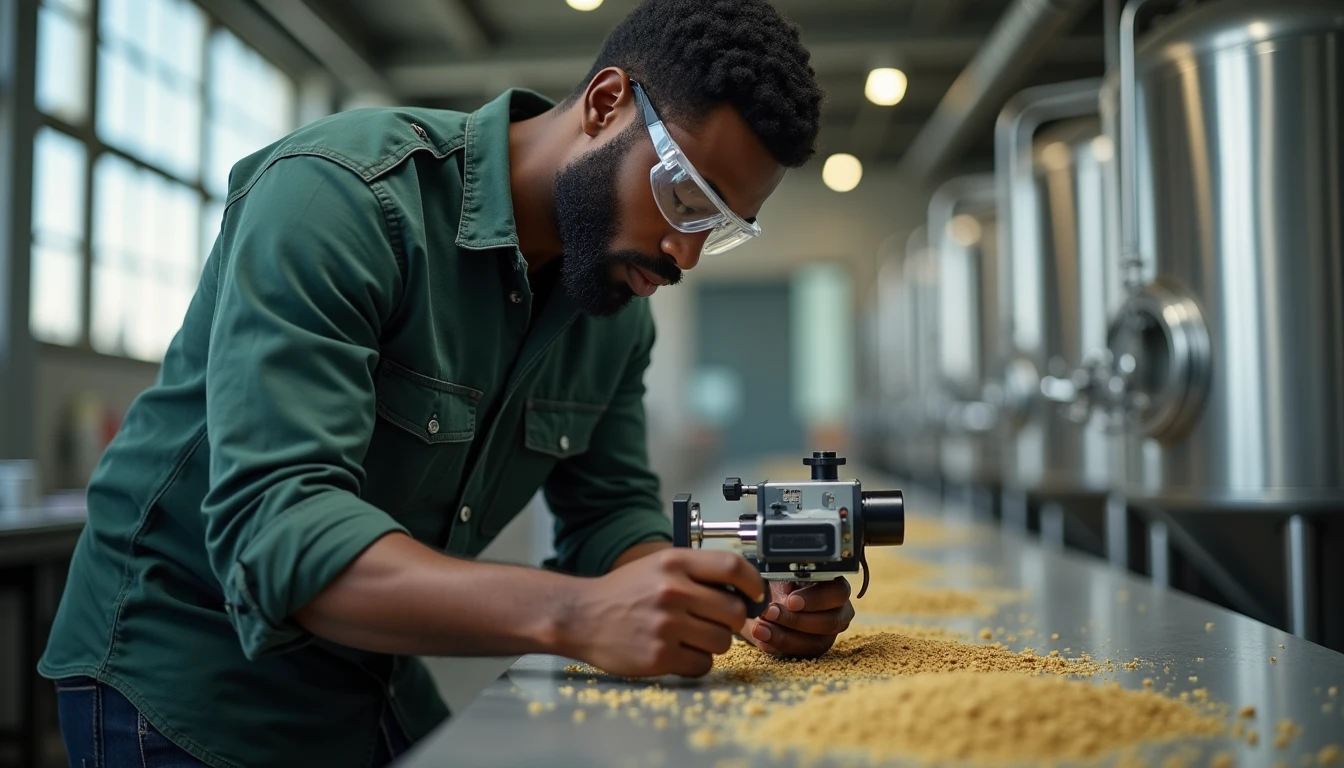 Brewery quality-control technician in safety goggles checking a sample with a refractometer at a bench with grain residue