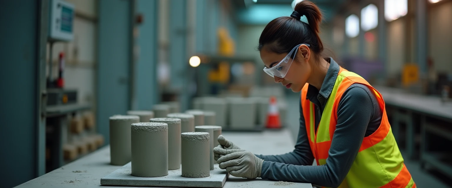 Concrete testing technician in safety goggles and hi-vis vest inspecting freshly cast concrete cylinders on a workbench