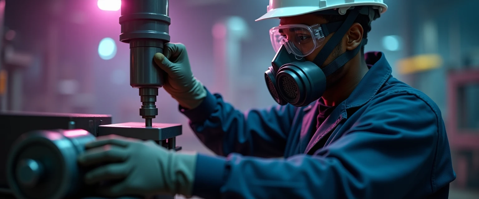 Industrial technician in hard hat, full-face respirator and goggles operating a compression testing machine