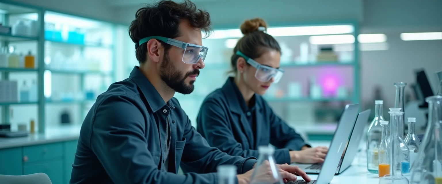 Two scientists wearing safety goggles working side by side at a laboratory bench with glassware and a laptop
