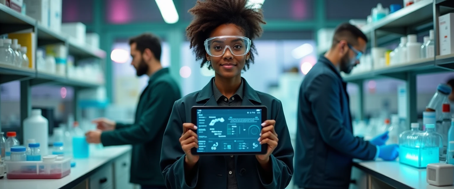 Lab manager holding a tablet that shows the Labredi dashboard, with technicians working in the lab around her