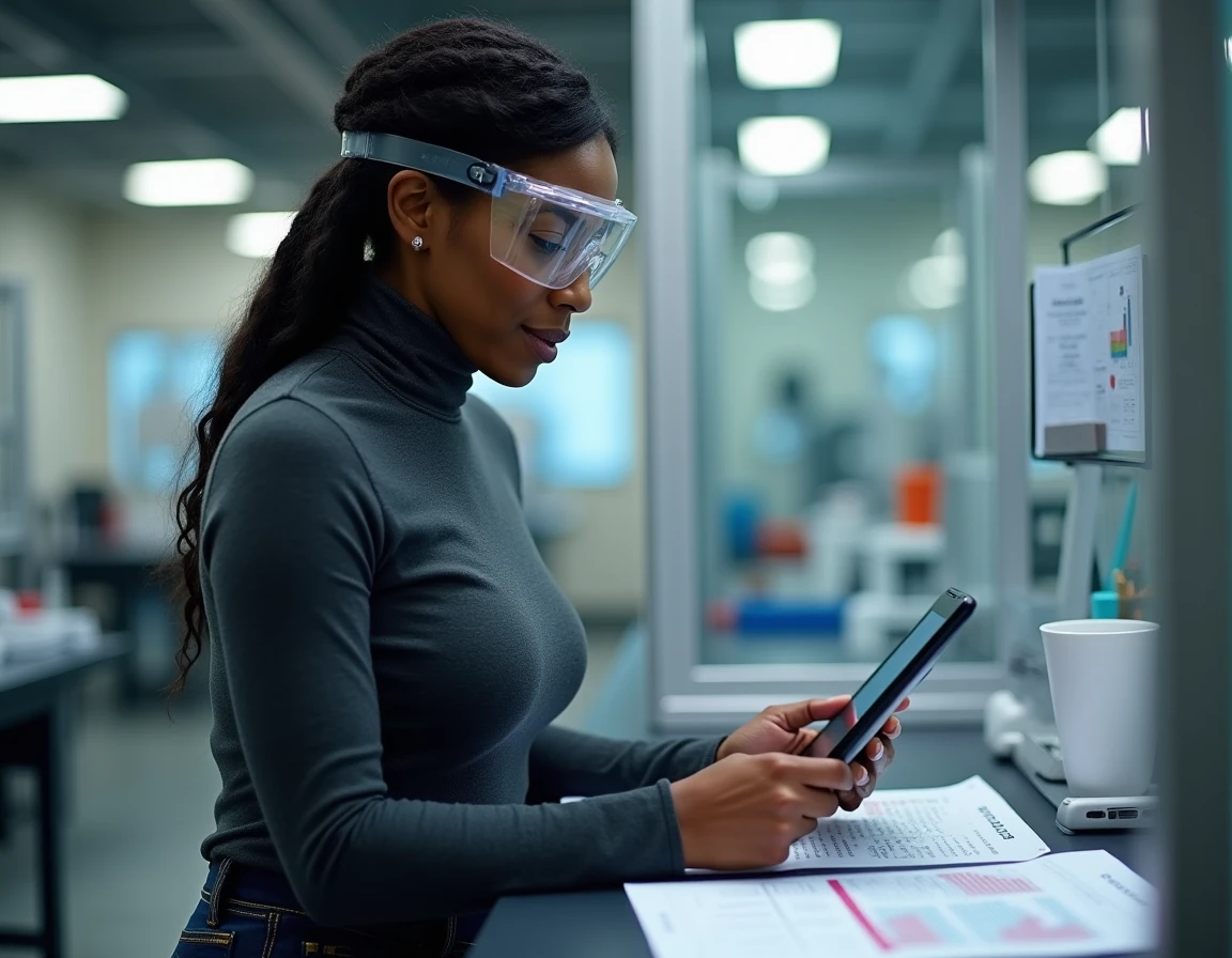 Auditor reviewing a tablet dashboard with a printed binder open on the bench beside them