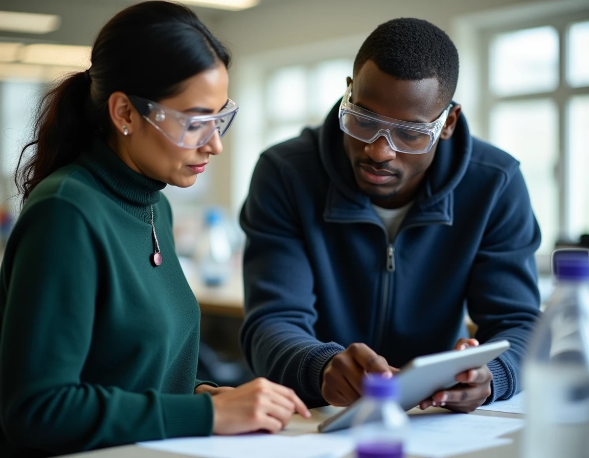 Senior technician reviewing work alongside an apprentice at a shared bench