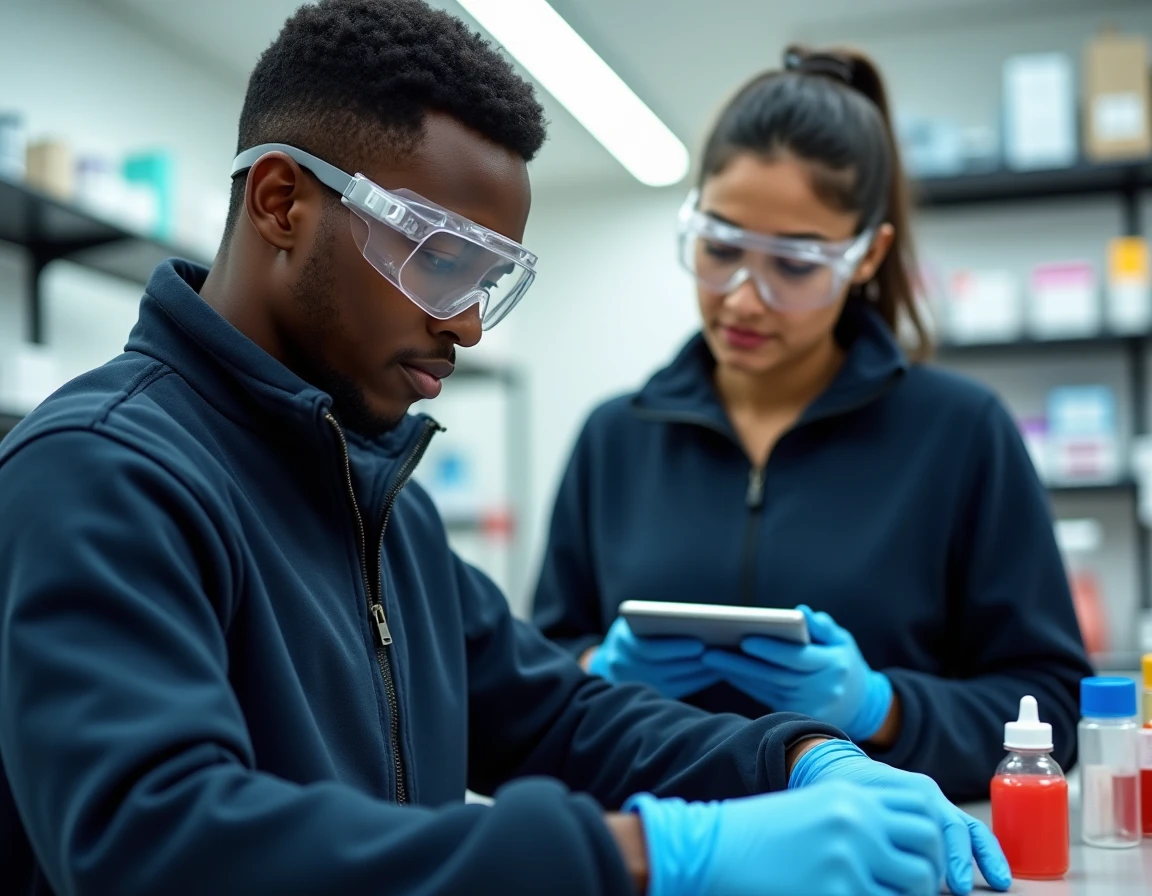 Apprentice running a method at the bench while a mentor watches attentively, holding a tablet ready to comment